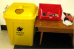 Recycle containers in hallway